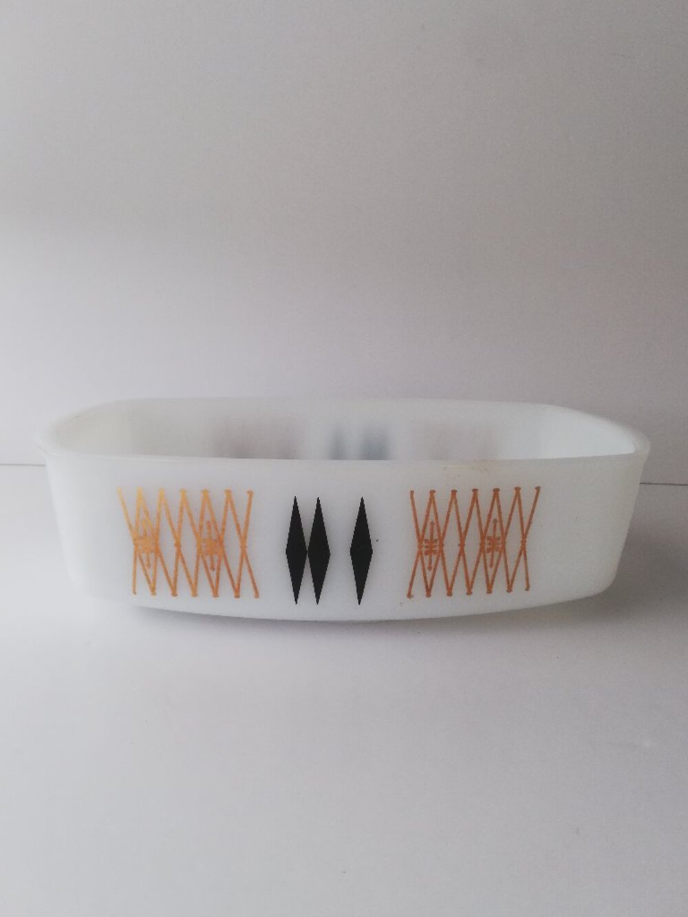 Federal Glass Starburst Loaf Pan Atomic Black Diamond Heat Proof Milk Glass MCM